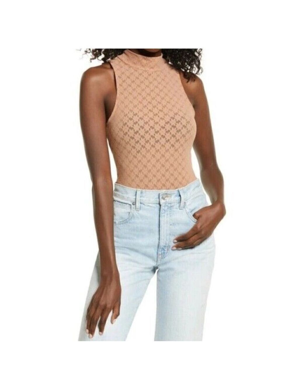 open Edit Bnwt Womens Tan Lace Sheer Mockneck Bodysuit Sz Small Sleeveless